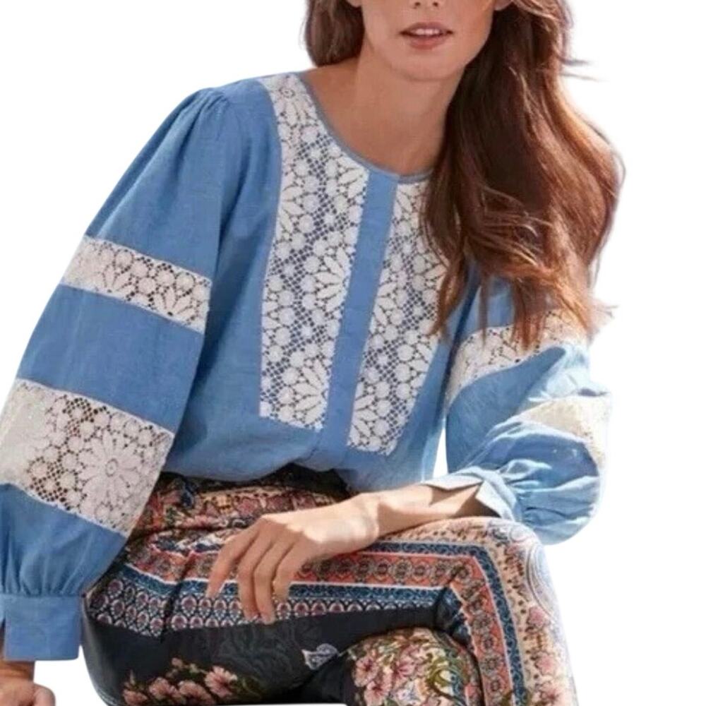 Johnny Was Jade Thalassa Chambray Button Up Boho Lace Blouse Top S EUC